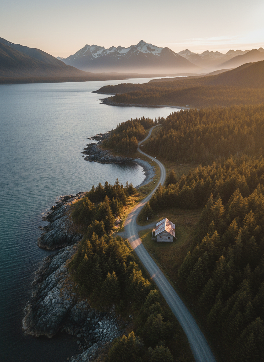 A sweeping aerial photographic view of coastal Alaska at golden hour, with a rugged shoreline of dark, jagged rock meeting a calm, steel-blue sea. In the foreground, a narrow gravel road winds along the edge of a spruce forest, leading toward a small, weathered cabin with a tin roof glowing softly in the low sun. Mist lingers over distant snow-dusted mountains, their peaks catching the last amber light. The mood is contemplative and expansive, evoking both adventure and homecoming. Shot with sharp focus throughout and a wide-angle composition, emphasizing the vast landscape and the solitary dwelling, in clean, realistic photographic style.
