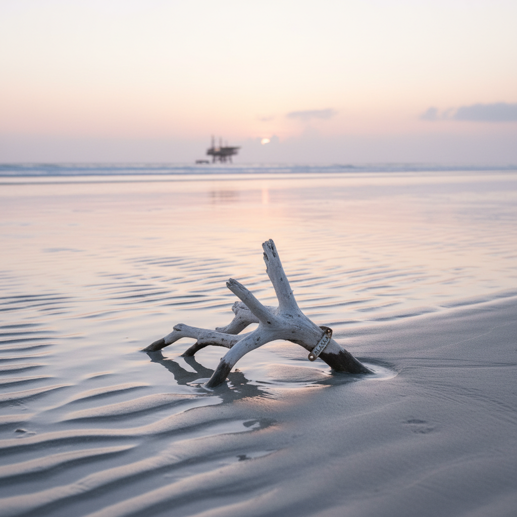 A quiet photographic scene on a secluded Gulf Coast beach at first light, tying Alaska to a southern shoreline. In the foreground, a single piece of driftwood, bleached and twisted, lies half-buried in fine, pale sand etched with delicate wave patterns. The receding tide leaves a thin sheen of water that mirrors a soft pink and lavender sky. On the far horizon, a faint silhouette of a distant fishing platform and a low bank of clouds add depth without dominating. The light is gentle and diffused, creating a serene, reflective mood. Shot at eye level with a wide aperture for subtle background blur, the composition feels minimal yet emotionally rich, in refined, realistic photographic style.