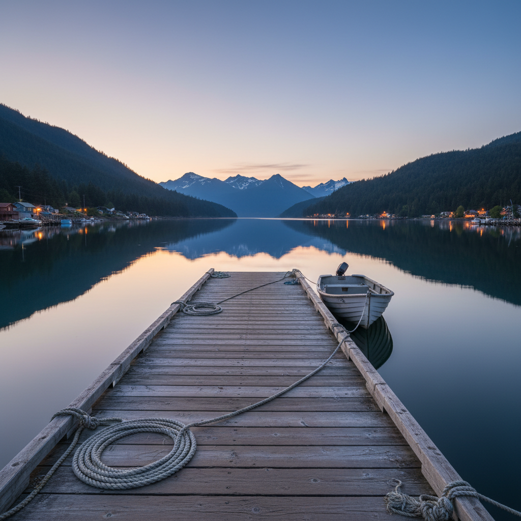 A photographic dusk scene along an Alaskan coastal town’s quiet harbor, focusing on a single weathered wooden dock leading out over calm, glassy water. Thick, frayed mooring ropes coil neatly on the planks, and a small, unoccupied skiff rocks gently at the edge, its white hull reflecting subtle twilight colors. Across the water, scattered cabin lights glow softly at the base of dark, forested hills, and faint mountains rise beyond. The sky is a deep indigo with a thin band of fading peach at the horizon. Captured from a low, centered angle with leading lines guiding the eye outward, the image feels reflective and slightly nostalgic, in crisp, realistic photographic style.