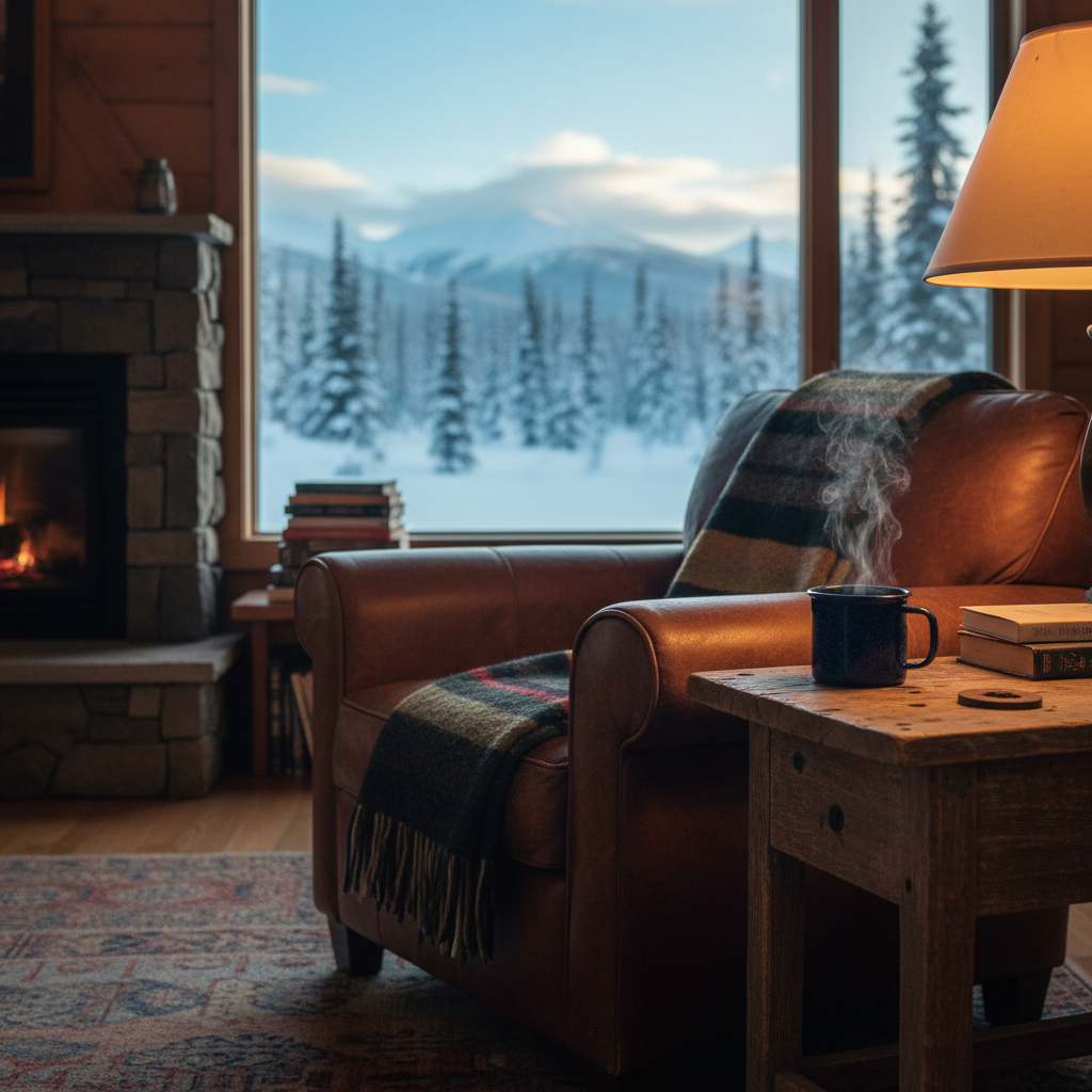 A warmly lit interior photographic scene of a small Alaskan cabin living room, centered on a worn leather armchair angled toward a wide window that frames a snowy spruce forest. A thick wool blanket in muted earth tones is draped over the chair’s arm, and a steaming enamel mug rests on a simple wooden side table, its surface scarred with years of use. Late afternoon winter light pours in, cool and blue outside but warmed by a nearby shaded lamp, creating a balance of cozy interior glow and crisp exterior cold. The composition is intimate, with shallow depth of field and a thoughtful, sophisticated mood that suggests rest, reflection, and the feeling of coming home after travel.