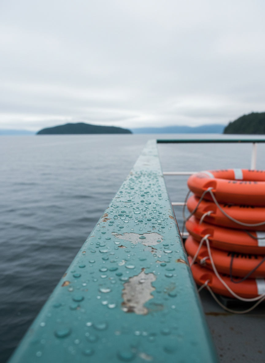 A close, eye-level photographic view from a ferry deck crossing the Gulf of Alaska, focused on a chipped, teal-painted metal railing beaded with tiny droplets of seawater. Beyond the railing, the ocean stretches out in gentle gray-blue swells, reflecting overcast sky, with a faint line of forested islands in the distance. A neatly stacked pile of bright orange life rings sits at one side, slightly out of focus, adding a subtle pop of color. Soft diffused daylight creates muted tones and gentle shadows, conveying a quiet, introspective atmosphere of travel between coasts. Composition follows the rule of thirds, with shallow depth of field drawing attention to texture and detail, in refined photographic realism.